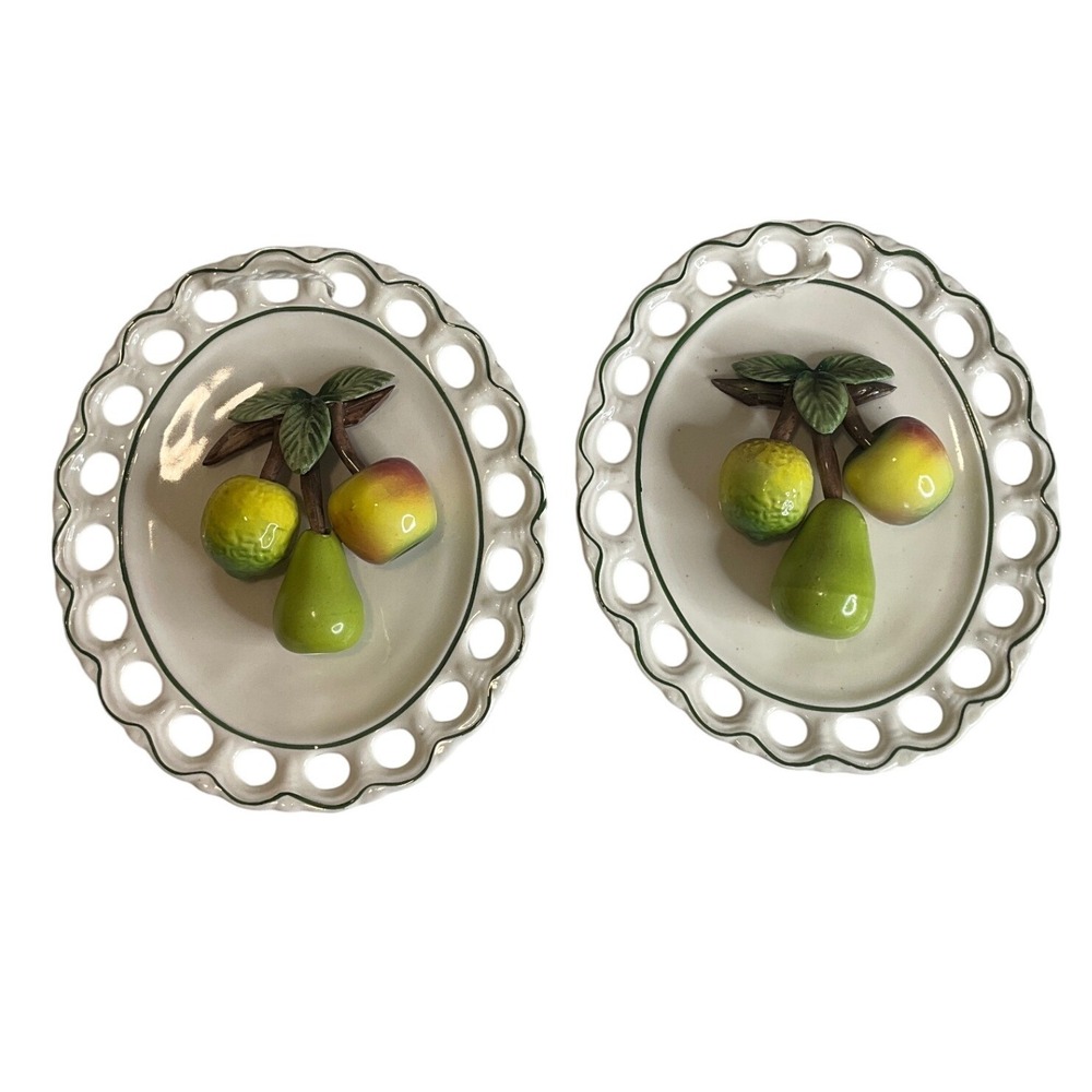 Vintage Set (2) Majolica Fruit Plates 3D Oval Reticulated Ceramic Wall Display